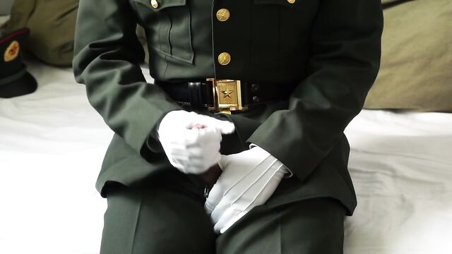 NCO in Army Dress Uniform Jacking off and Cum