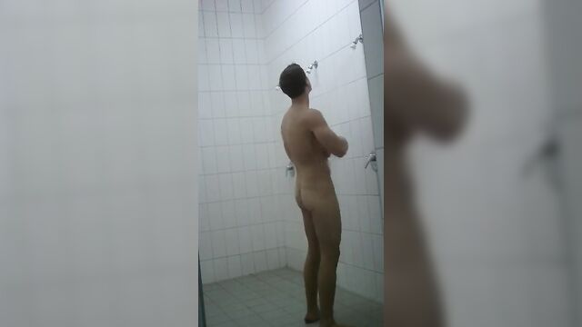 Semi Hunk in Public Gym Shower getting Hard on and Stroking Long Version