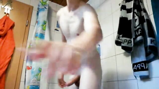 Caught by Dad while he Shoots his Huge Cock in the Shower
